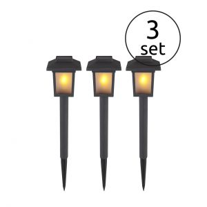 3er Set LED Solarleuchte Erdspießleuchte flackernd Retro 10-flammige Außenleuchte mit Schalter und Akku LxBxH:80x80x370, 0,1W 3V, gelb IP44 