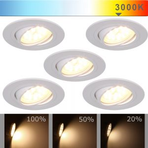 5-er Set Decken-Einbaustrahler, weiß, rund,schwenkbar mit 3fach dimmbarer 5W LED 3000K 