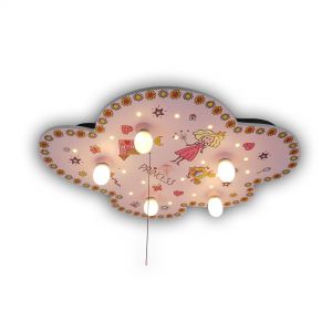 E14 Holz Decken-Kinderleuchte Wolkenform 5-flammige Deckenlampe mit LED Schlummerlicht 74 x 57 cm rosa Prinzessin 
