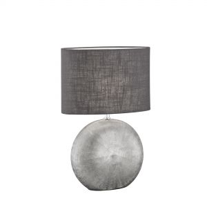 E27 Tischleuchte mit Stoffschirm aus Keramik Kugel runde Tischlampe silber grau mit Schalter 53 cm anthrazit/silber, antik