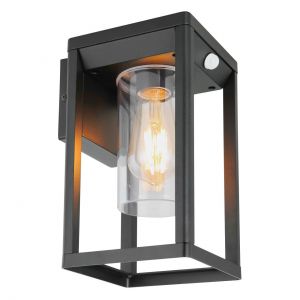 Eckige E27 Außenwandleuchte Lampe mit Bewegungsmelder aus Aluminiumdruckguss klar 27 cm Laterne für Außen/Garten matt schwarz IP44 