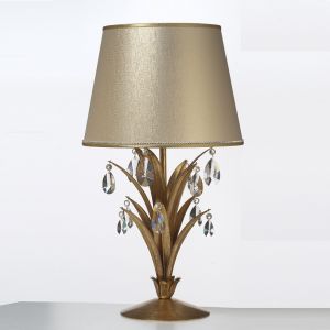 Extravagante Tischleuchte - Handgefertigt in Italien - Blattgold - Textilschirm - Kristallbehang -  Höhe 50 cm, D=25 cm 50,00 cm, 25,00 cm