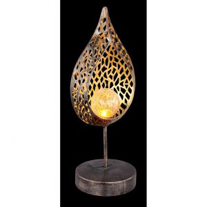 LED Solarleuchte flackernd in gold patiniert antik, Glas crackle Skulptur Außentischlampe mit Schalter und Akku IP44 