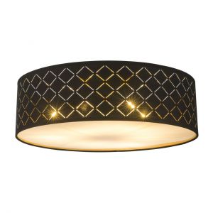 runde E27 Deckenleuchte mit Stoff Schirm und Blendschutz aus Stoff matt Höhe Schirm 18 cm Dekorstanzungen 6-flammige Deckenlampe schwarz gold ø 60 