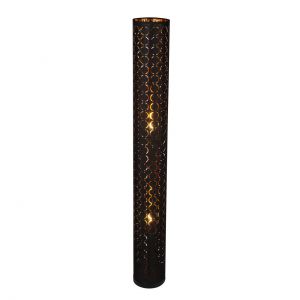 runde E27 Stehleuchte aus Stoff Schirm mit Ringstanzungen 2-flammige Stehlampe gold und Schalter ø 15 cm 