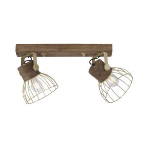 schwenkbare höhenverstellbare runde E27 Deckenleuchte aus Holz und Eisen matt 2-flammige Deckenlampe messingfarbig Cage-Light 