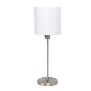 silberfarbene Tischleuchte mit weißem Stoffschirm, Direktschalter, Nachttischlampe, E27, Kopf zylinderförmig 