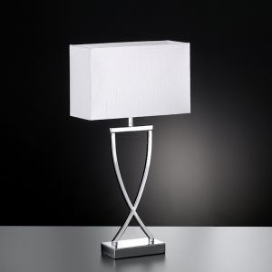 Tischleuchte, modern, Chrom glänzend , Fuß Kreuz, E27 LED geeignet, Stoffschirm Weiß weiß