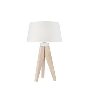 Tripod Holz Tischleuchte mit Stoffschirm skandinavische Tischlampe weiß mit Schalter 30 x 50 cm Natur