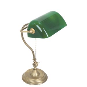 Vintage Tischleuchte mit schwenkbarem, grünen Schirm, Bankers Lamp, Fuß bronze, Schnurschalter, E27, klassisch 