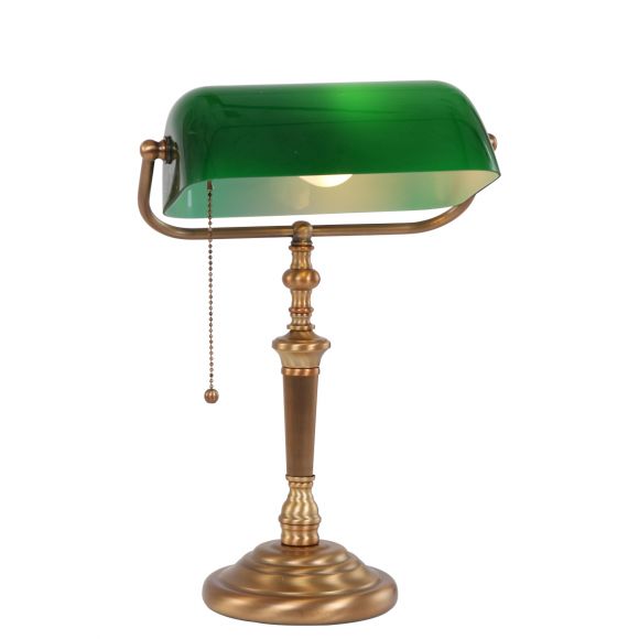 Bankerleuchte Tischleuchte mit schwenkbarem, grünem o. weißem Schirm aus Glas, Bankers Lamp, Fuß bronze, Schnurschalter, E27 