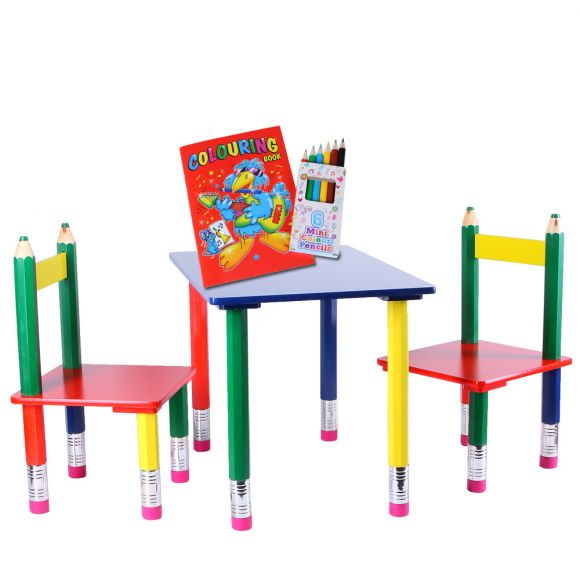 bunter Kindertisch + 2 Stühle in Stiftform + Malbuch + 6 Buntstifte | Kindersitzgruppe 3-teilig| Kindermöbel
