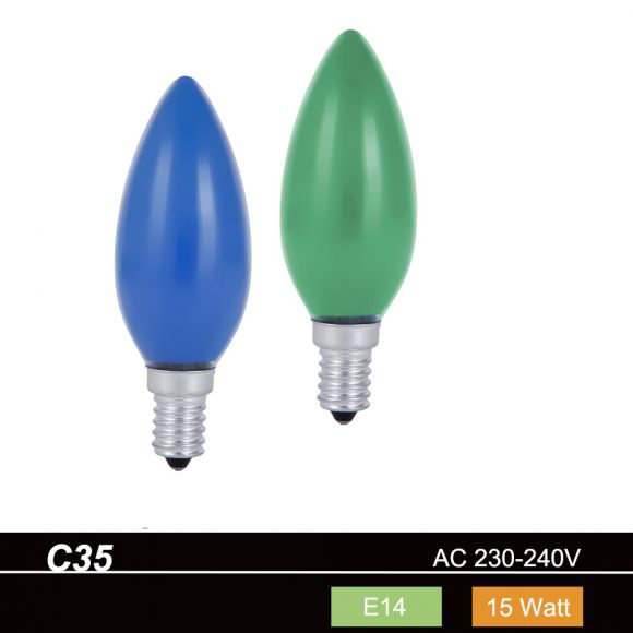 C35 Kerze 15W E14 in Blau oder Grün - stoßfest