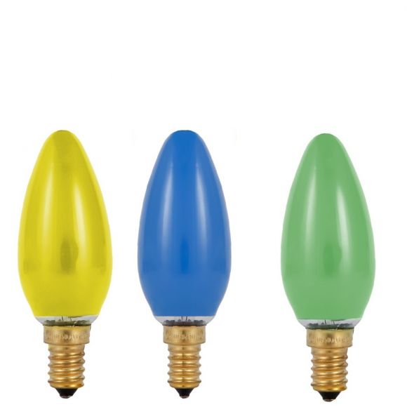 C35 Kerze, 25 Watt, E14, in blau, grün oder gelb