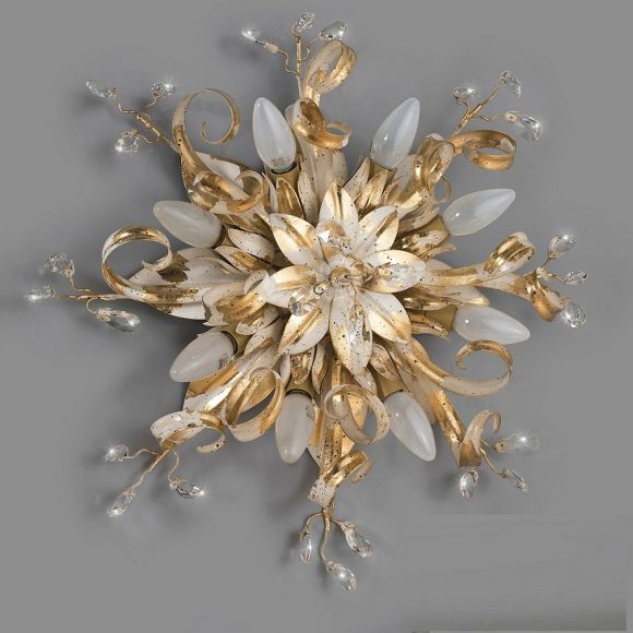 Deckenleuchte florentiner Stil - 8-flg - Bleikristalle klar - Weiss - Blattgold