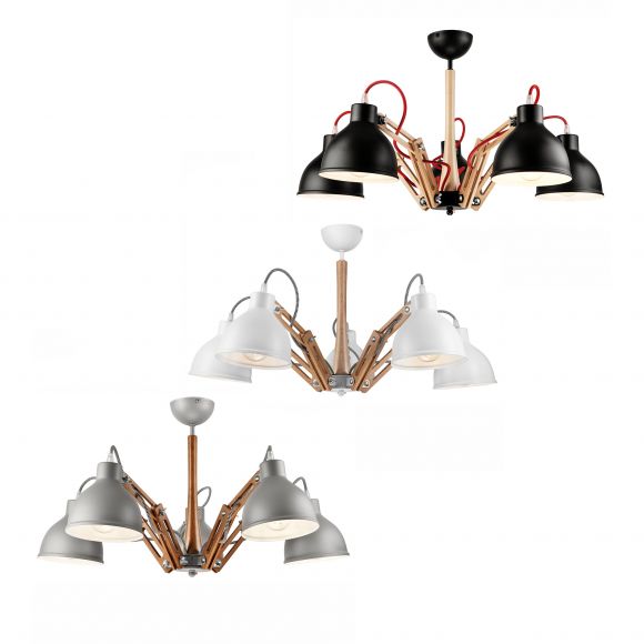 E27 Deckenleuchte mit beweglichen Holzgestell und Metall-Schirmen skandinavische 5 -flammige Deckenlampe weiß 39 x 67 cm