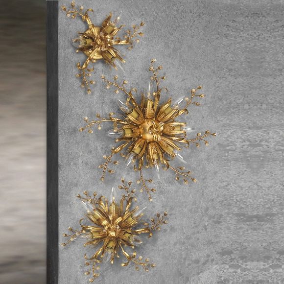Deckenleuchte, florentiner, Eisen, Blattgold, Kristallrispen, D 34 cm