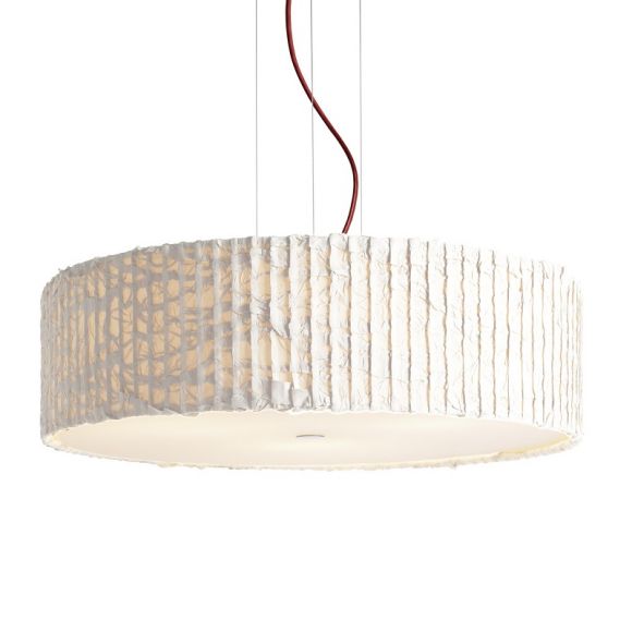 Design-Pendelleuchte mit Schirm aus Trevira-Stoff in ivory (elfenbein) - Textilkabel Rot - Ø54cm