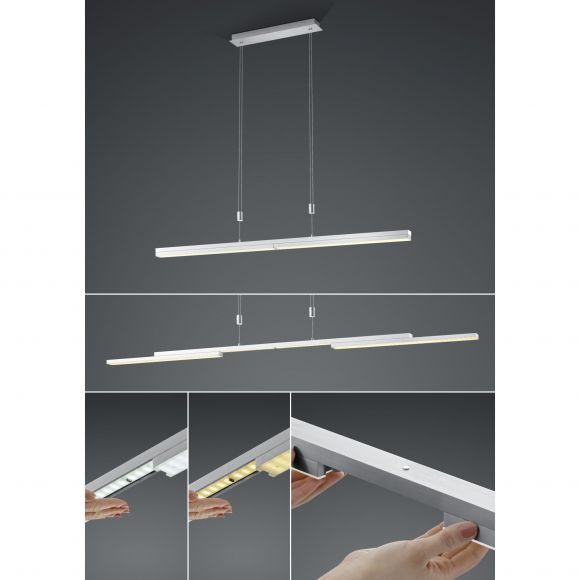 dimmbare höhenverstellbare eckige Zugpendelleuchte mit CCT-Lichtfarbsteuerung matt Hängelampe nickel und chrom