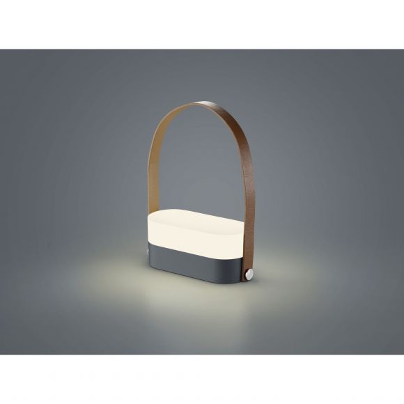 dimmbare ovale mobile Akkuleuchte Tischleuchte aus Acryl und Leder matt Außentischlampe anthrazit IP 54