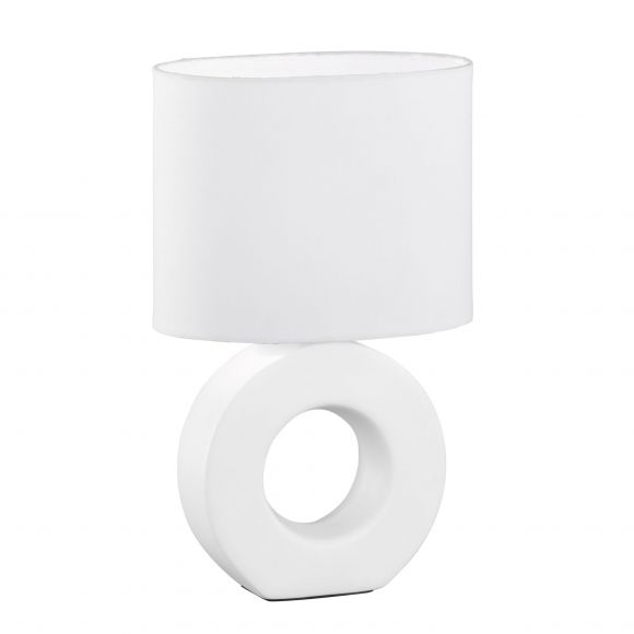 E14 Tischleuchte mit Stoffschirm und Ring aus Keramik ovale Tischlampe weiß sandfarben mit Schalter 31 cm