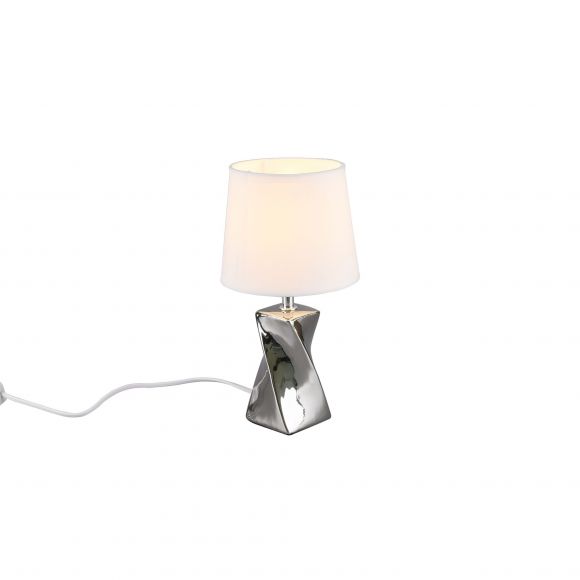 E14 Tischleuchte mit Stoffschirm und geschwungenem Keramikfuß runde Tischlampe silber mit Schalter ø 15 cm