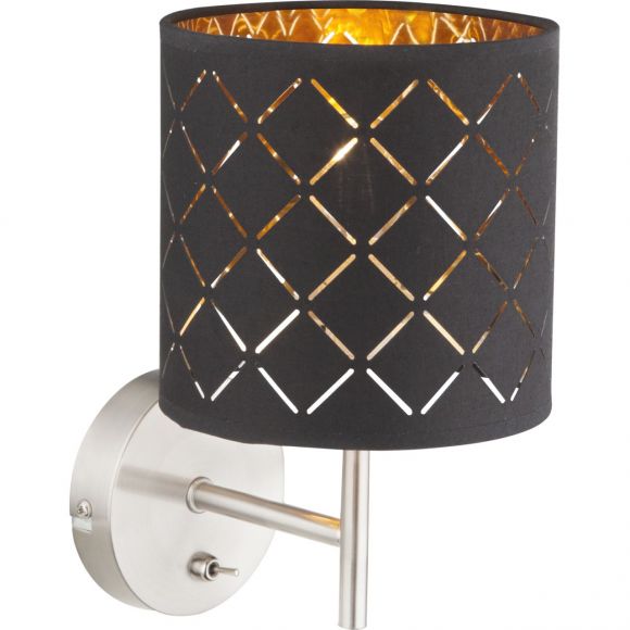 E14 Wandleuchte aus Stoff matt Schirm mit Dekorstanzungen Wandlampe schwarz und gold Schalter