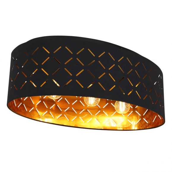 E27 Deckenleuchte mit Stoff Schirm und Blendschutz aus Stoff oval Schirm Dekorstanzungen 3-flammige Deckenlampe gold