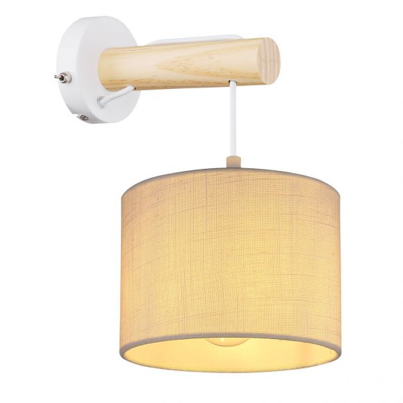 E27 Wandleuchte aus Holz und Stoff Textilkabel Wandlampe weiß natur mit Schalter