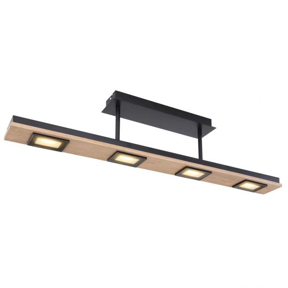 eckige LED Deckenleuchte aus Holz und Glas matt klar rechteckig mit 4 Strahler 4-flammige Deckenlampe