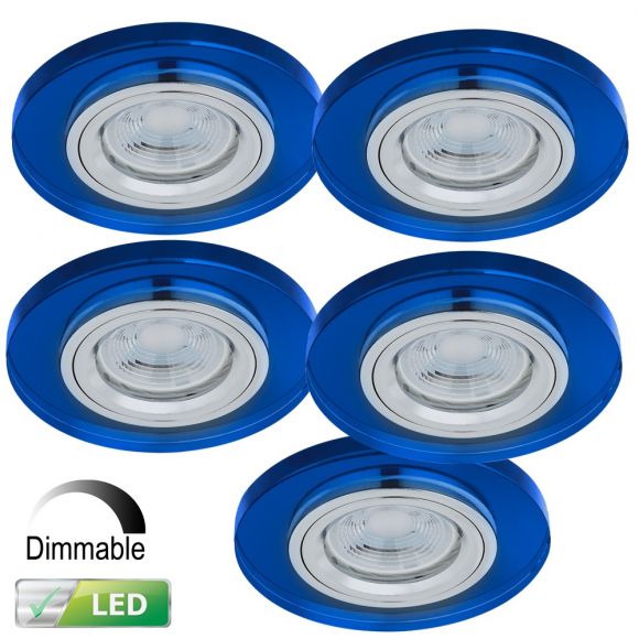 Einbaustrahler rund mit Glas blau, dimmbar, 5er-Set LED GU10 5,5W 