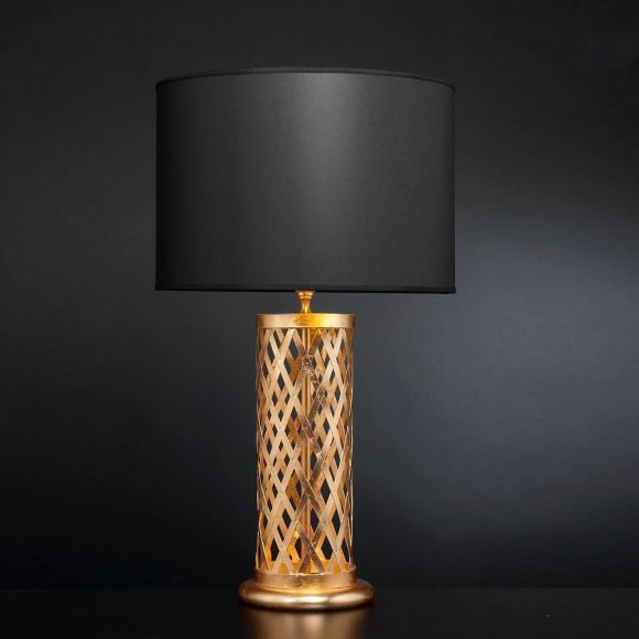 Elegante Tischleuchte - Blattgold mit Stofflampenschirm in Schwarz - Höhe 80 cm