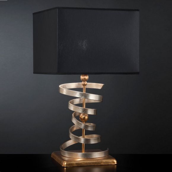 Elegante Tischleuchte - Blattgold und -silber mit Stofflampenschirm in Schwarz - Höhe 60 cm