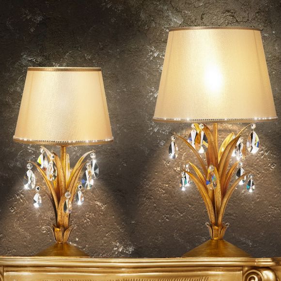 Extravagante Tischleuchte - Handgefertigt in Italien - Blattgold - Textilschirm - Kristallbehang - 2 Größen