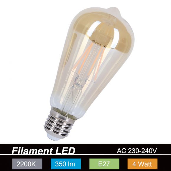 Filament LED E27 amber, 4W, 350Lm, 2200K, 300°