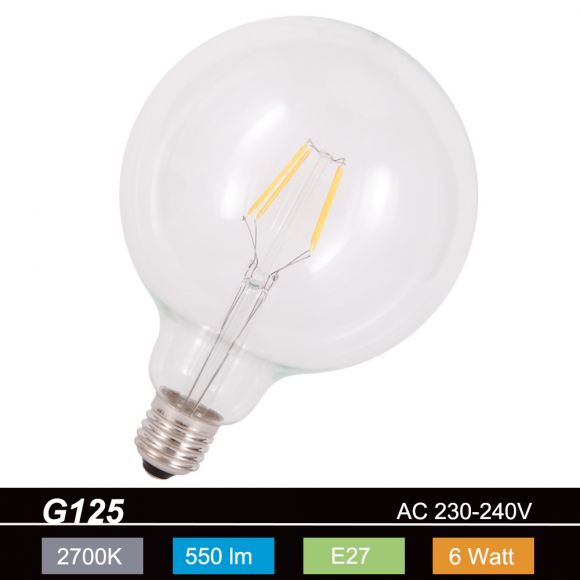 G125 Globe LED 6 Watt  E27 230V - entsprechen 50 Watt, Fadenleuchtmittel