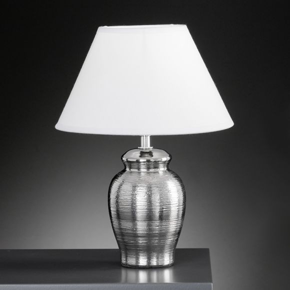 Keramik-Vasenleuchte weißer Stoffschirm, rund, moderne Optik, Lampenfuß Chrom glänzend, gewischt