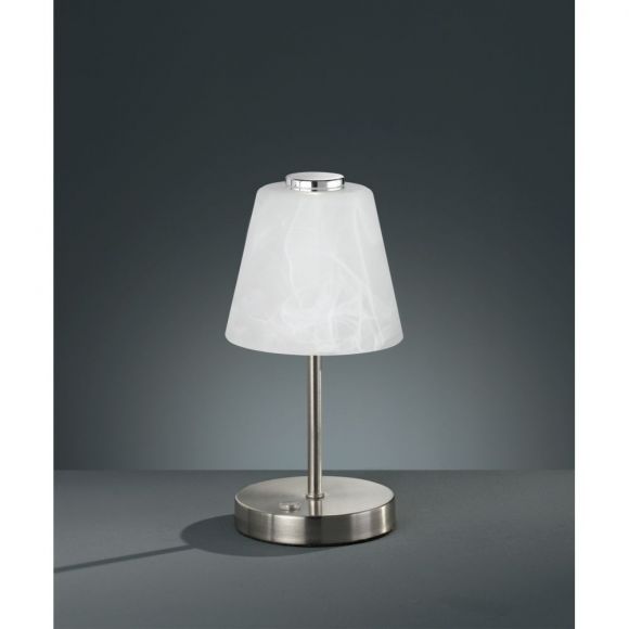 Klassische LED Tischleuchte mit alabasterfarbigem Glasschirm, 4-stufig dimmbar, silberner Fuß, inkl. LED 2,5W