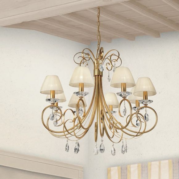 Kronleuchter im Florentniner Stil - Made in Italy - Silber oder Gold Antik - 8-flammig - Mit Stofflampenschirmen