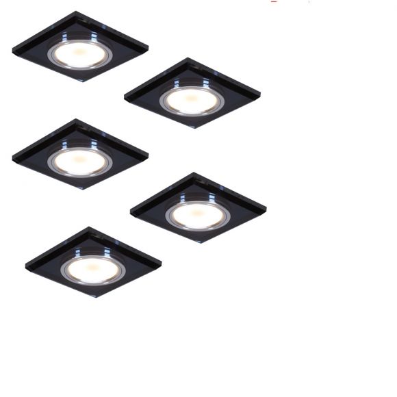 LED Einbauleuchte 5er Set, eckig, Glas schwarz, inkl. LED 7W, GU10, 9x9 cm
