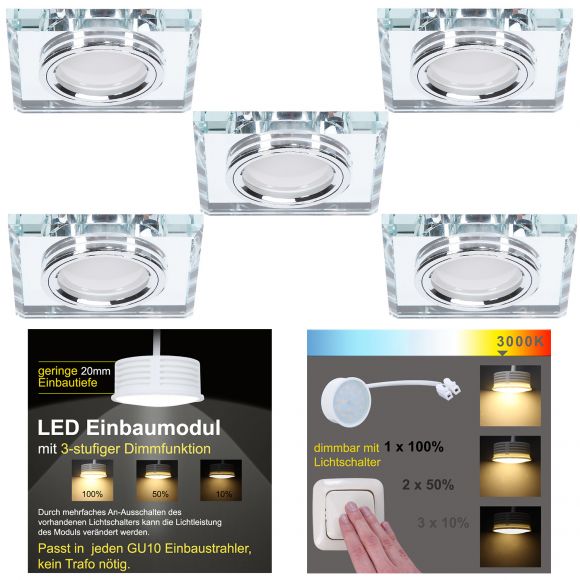 LED Einbaustrahler, 5er Set, Glas, dimmbar über vorhandenem Schalter 