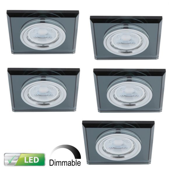 LED Einbaustrahler, Glas schwarz, eckig, 5er Set, inkl. LED dimmbar