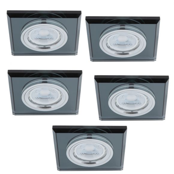 LED Einbaustrahler, Glasrahmen schwarz, eckig, 5er Set, inkl. LED 5W 