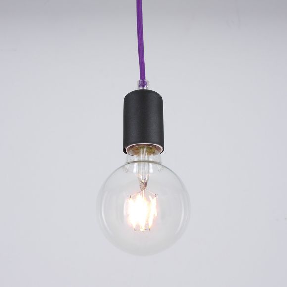 LED Pendelleuchte, Vintage, Globeleuchtmittel, Textilkabel, Violett