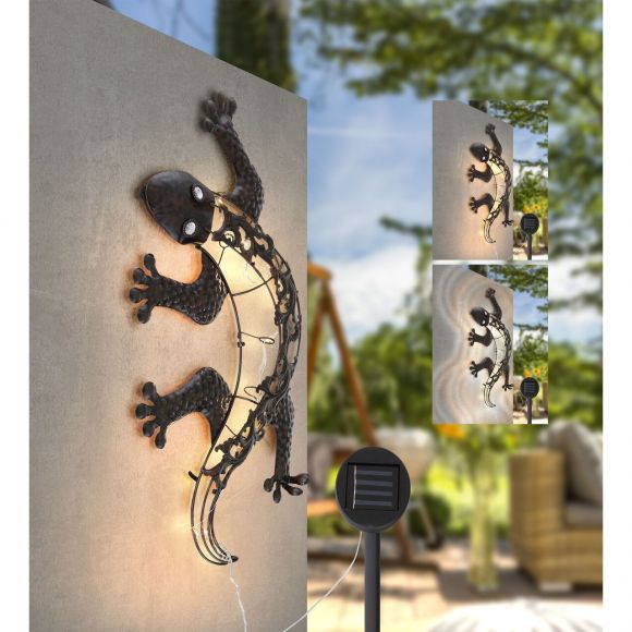 LED Solarleuchte bronze Gecko zur Wandmontage 2 5-flammige flackern oder fix Außenleuchte mit Schalter und Akku 3000K IP44