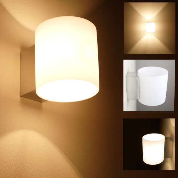 LED Wandleuchte, Glas weiß, zylinderförmig, inkl. LED-Leuchtmittel