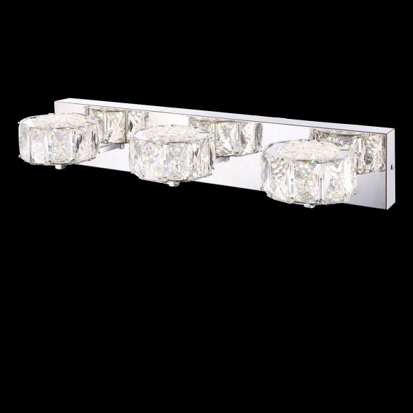 LED-Wandleuchte, Kristalle klar, Chrom, 55cm breit, 3-flammig, modern