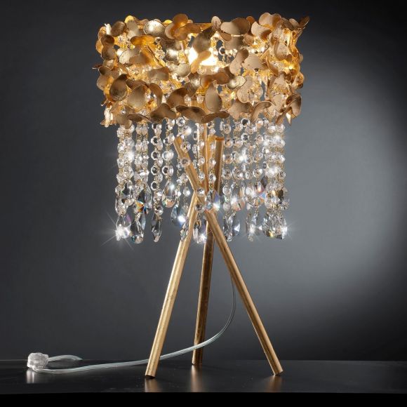 Luxuriöse Tischleuchte als Dreibein - Blattgold - Kristallbehang - Tripod