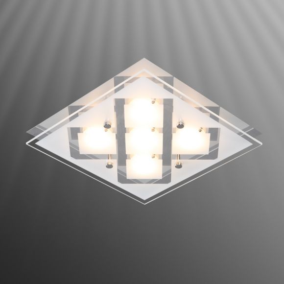 Moderne Deckenleuchte - Chrom - Glas teilsatiniert - Inklusive LED 5 x 2,5 Watt  200 Lumen  3000 Kelvin