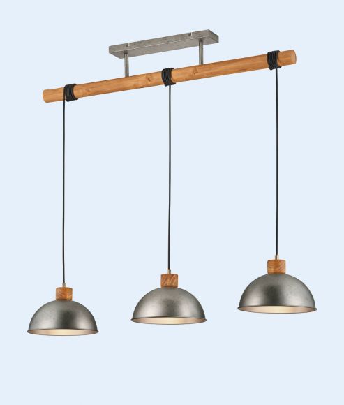 Pendelleuchte 3-flammig Materialmix Holz Stahl, Höhenverstellbar, inkl. wechselbarem LED Filament, Lichtfarbe warmweiß